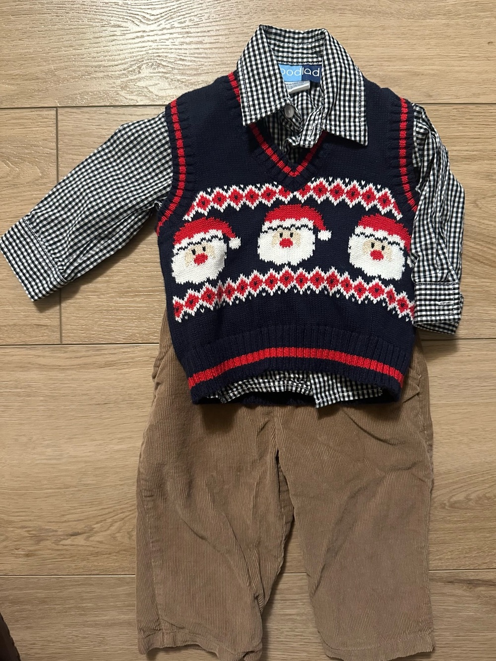 Childrens Navy Santa Sweater Vest with Check Shirt -